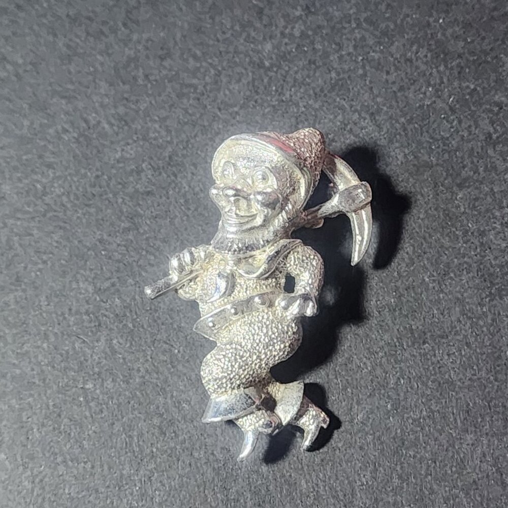 Vintage Silver Tone Elf Gnome with Pickaxe Brooch Pin